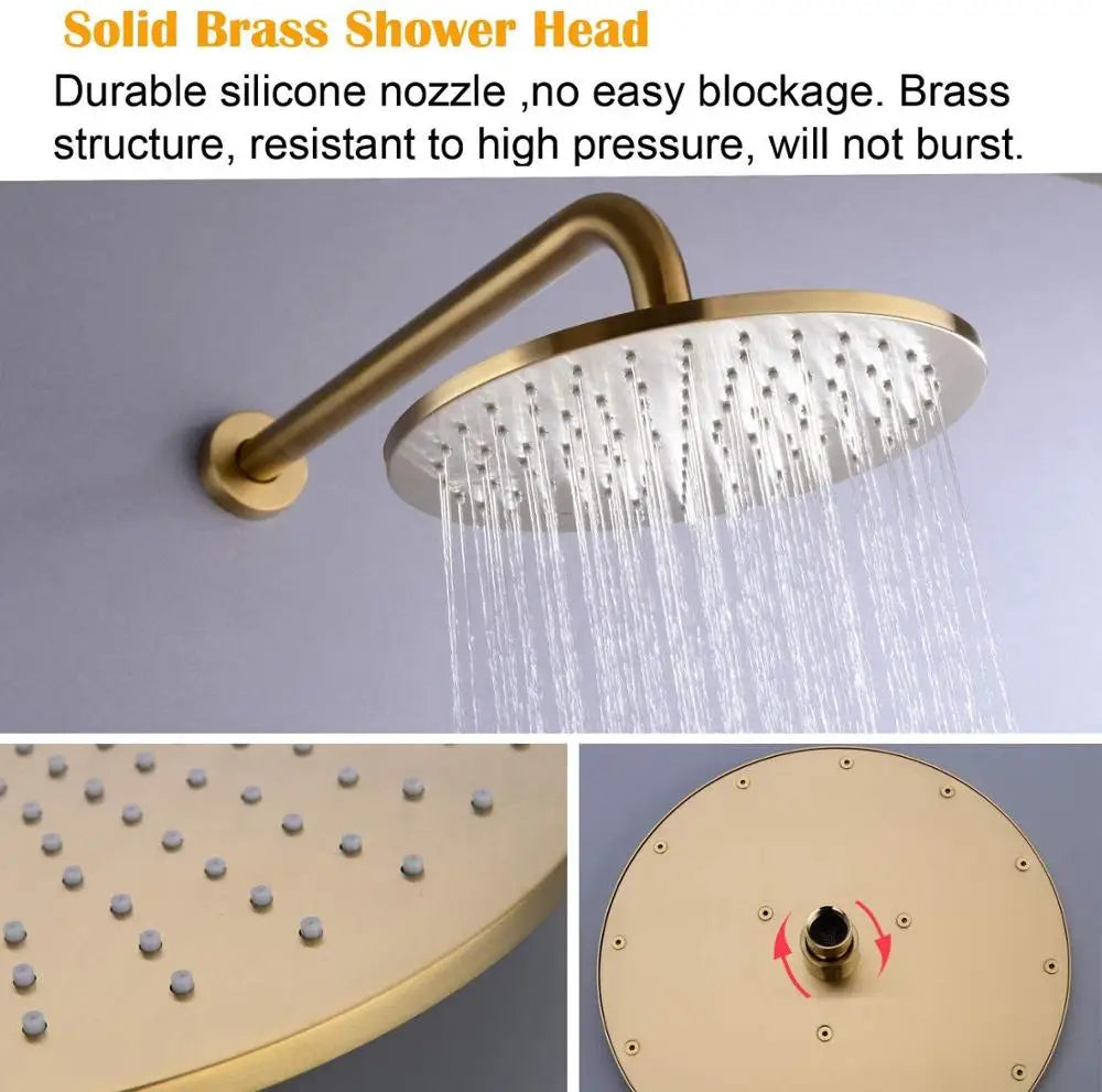 16inch Round Bathroom Luxury Rain Mixer Combo Set Wall Mounted Rainfall Shower Head System Brushed Gold Shower