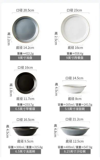 LingAo-Nordic Style Ceramic Household Bowl, Plate, Dish, Chopsticks, Tableware Combination Set