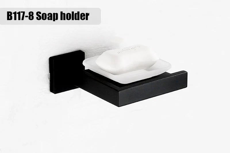 Matt Black Bathroom Hardware Set Kit Accessories Wall Shelf Towel Bar Rack Rail Robe Hanger Toilet Brush Roll Paper Holder Dish