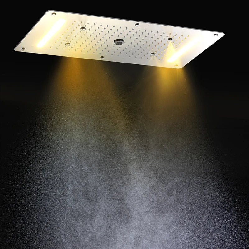 Bathroom LED Shower Set Ceiling Rainfall Waterfall Misty Shower Head Panel 380x700mm Thermostatic Mixer Diverter Faucets System