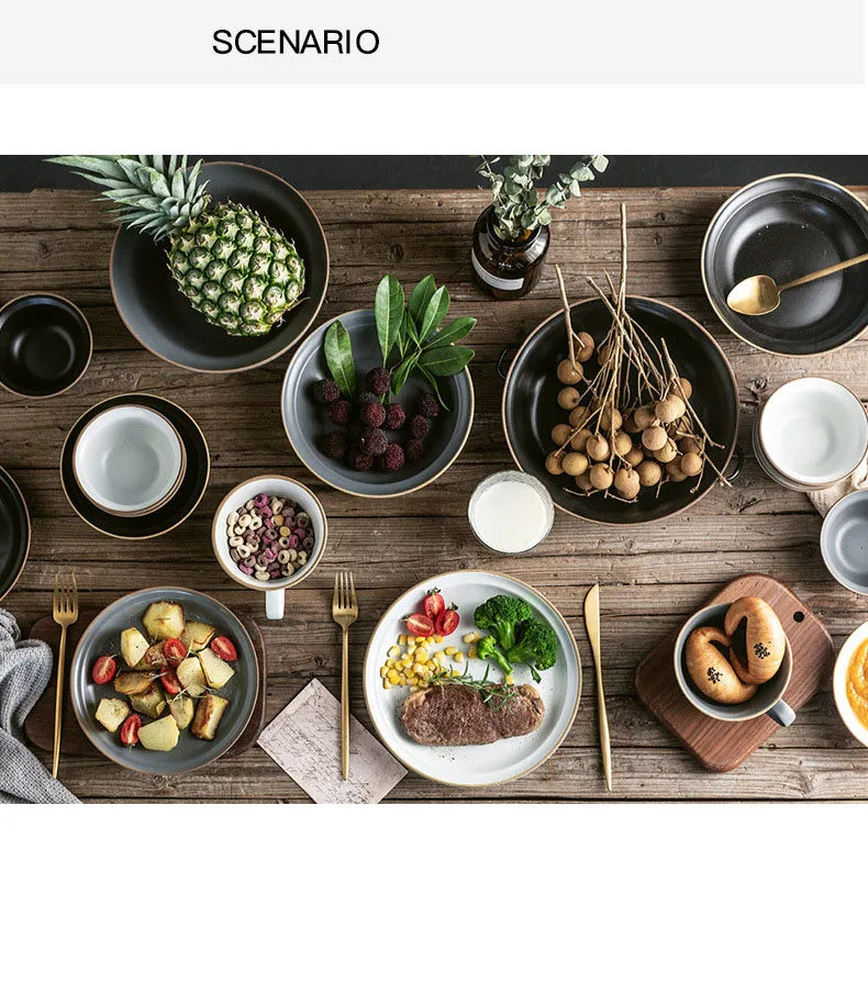LingAo-Nordic Style Ceramic Household Bowl, Plate, Dish, Chopsticks, Tableware Combination Set