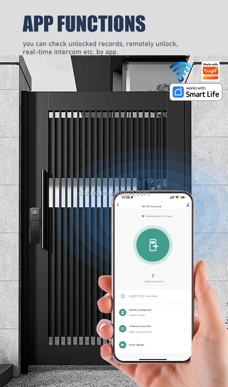 Smart Deadbolt Locks Grade C Tuya App Wifi Card Password Fingerprint Key Aluminium Alloy Smart Deadbolt Lock with Camera