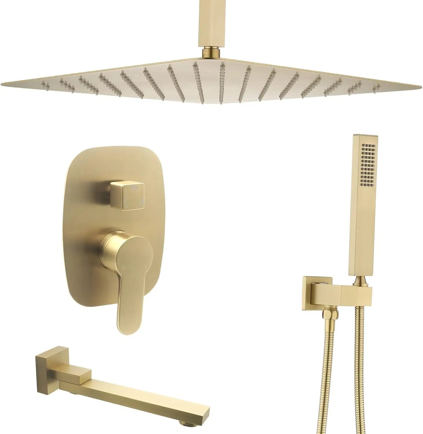 Brushed Gold Concealed Shower Mixer Set 16 Inch Ceiling Mounted Rain Shower System Rainfall Stainless Steel Shower Head