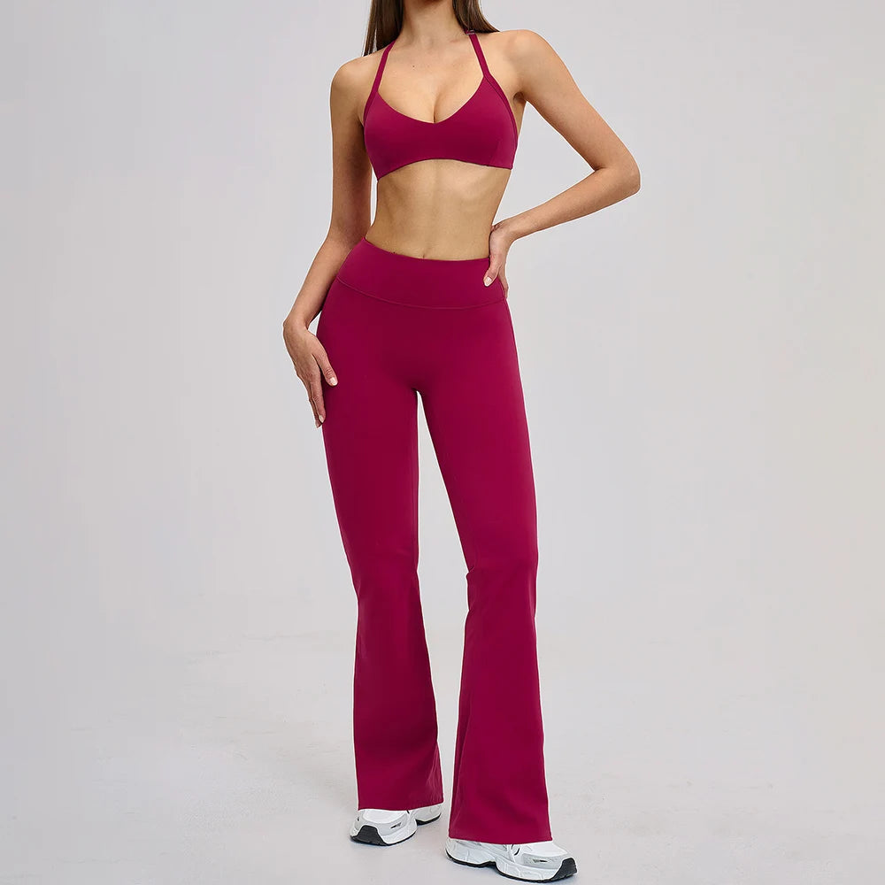 CIYING Wholesale Backless Yoga Halter Neck Sports Bra and Flare Leggings Set Custom Logo Brushed Gym Soft Breathable Yoga Set