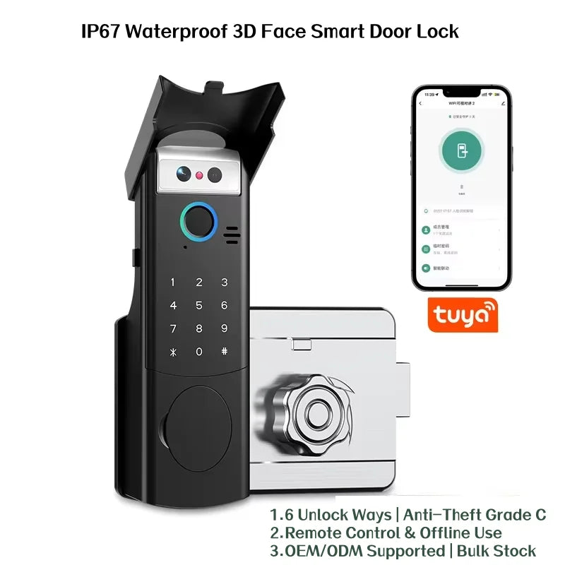 3D Face Recognition Front Door IP67 Waterproof Smart Lock Remote Keyless Fingerprint Password Unlock Cloud Wood Compatible