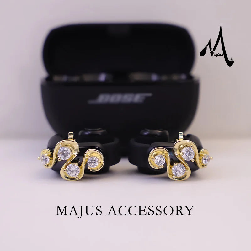 Rhinestone Clip on Earrings for Bose Earbuds (No Earbuds) Brass Accessories Golden Intertwined Wave Design Zircon Ear Cuff