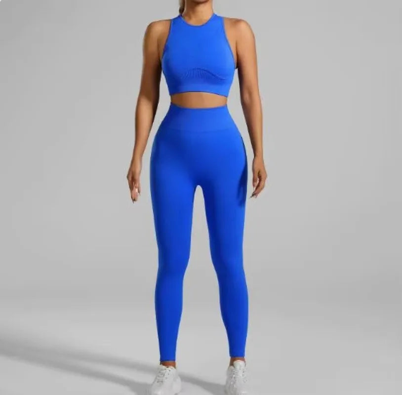 JAC22 XG7138 Women's Seamless Running Fitness Threaded Tank Top Pants Yoga Set