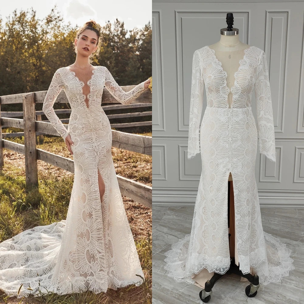 12476# Real Photo Front Slit V-neck Lace Wedding Dress Sweep Train Backless Mermaid Bride Gown for Women Bohemia