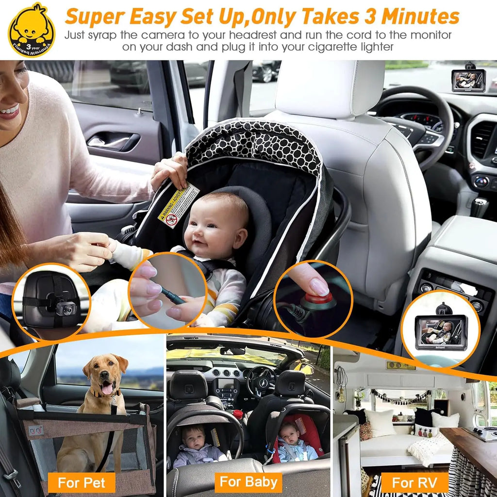 Baby Car Camera for Safety HD 1080P - Rear-facing, Night Vision, Adjustable Viewing Angle, Anti-Glare Display