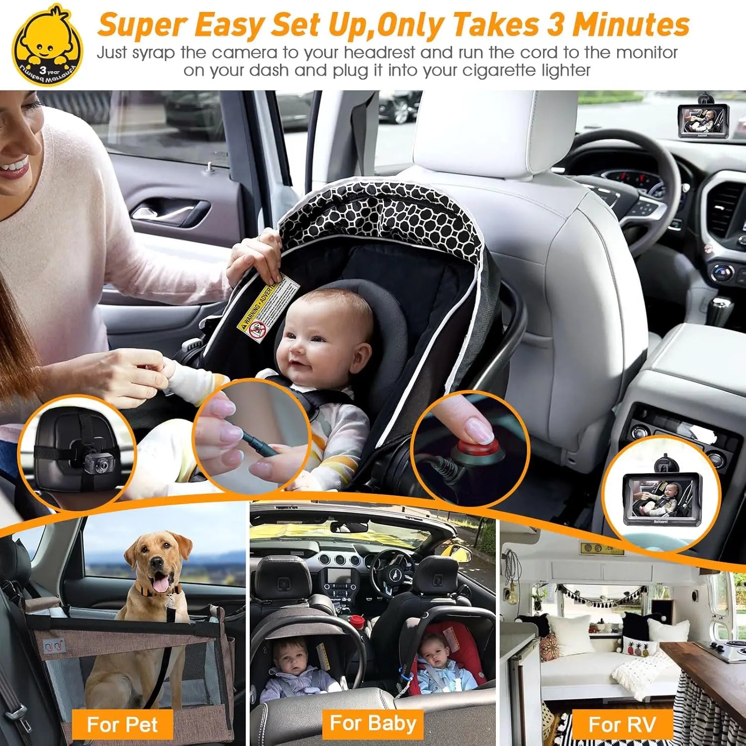 Baby Car Camera for Safety HD 1080P - Rear-facing, Night Vision, Adjustable Viewing Angle, Anti-Glare Display