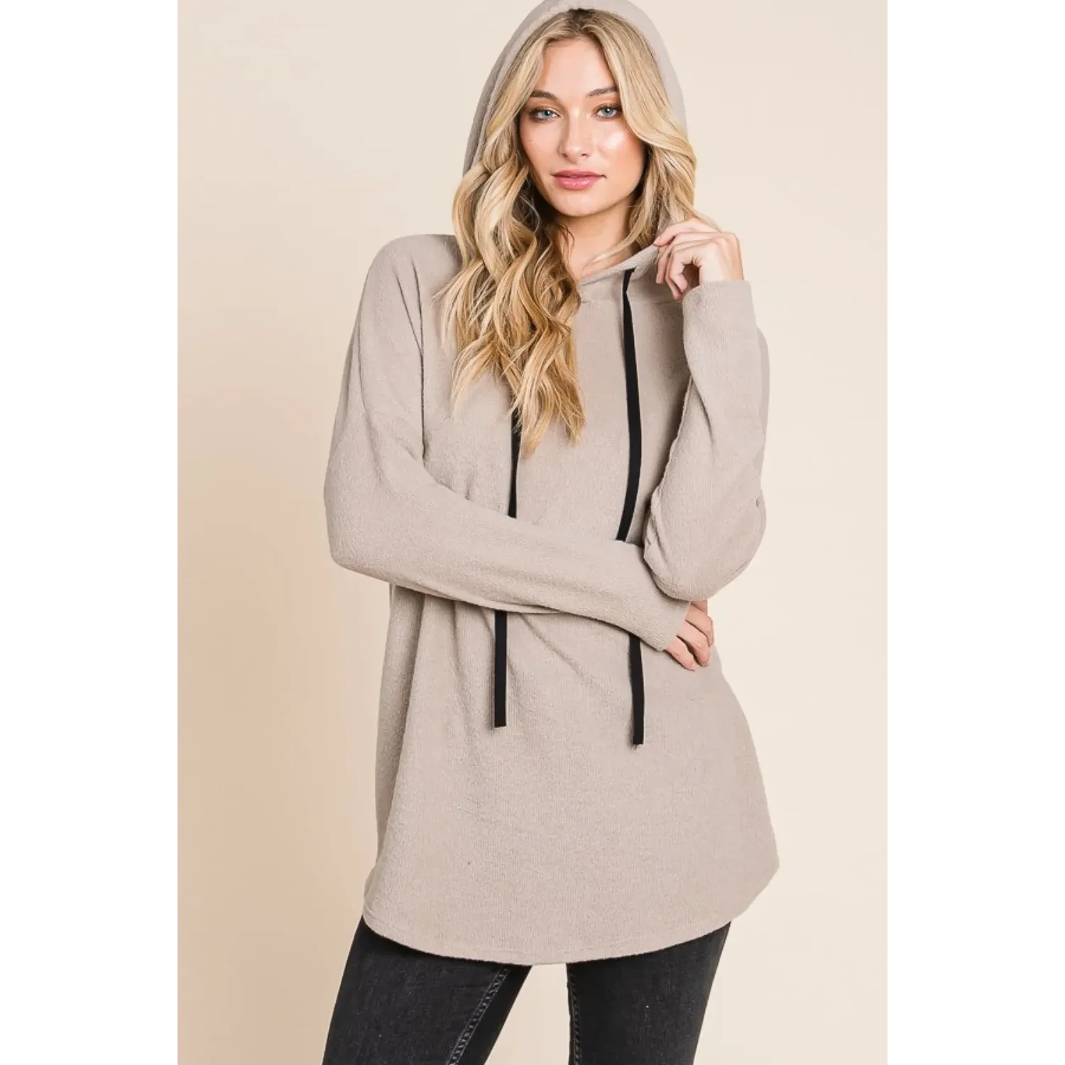 BOMBOM Women's Contrast Drawstring Drop Shoulder Knit Hoodie FCJ Collection