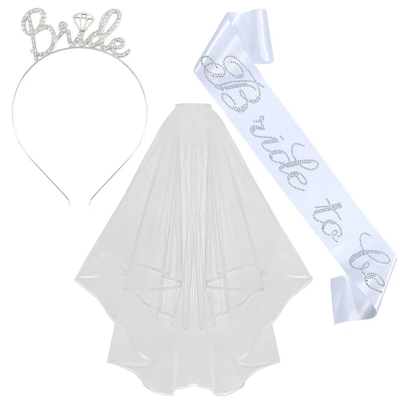 3-piece Set Bride to Be Crown Headband Shoulder Strap Wedding Veil Set for Bridal Shower WB007