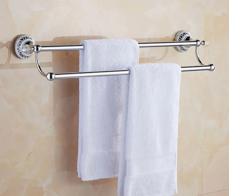 European Antique Blue and White Porcelain Chrome Finish Bathroom Hardware Set Silver&Crystal Towel Rack Bar Hook Basket Rack 5