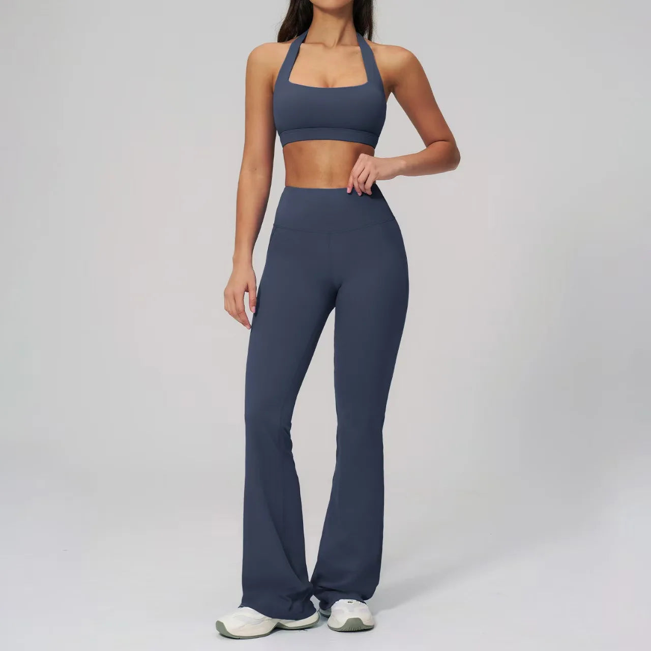 Hot Selling New Luxury 2-piece Set Soft Halter Neck Yoga Set, High Waist Bootcut Flare Pants with Padded Sports Bra for Women