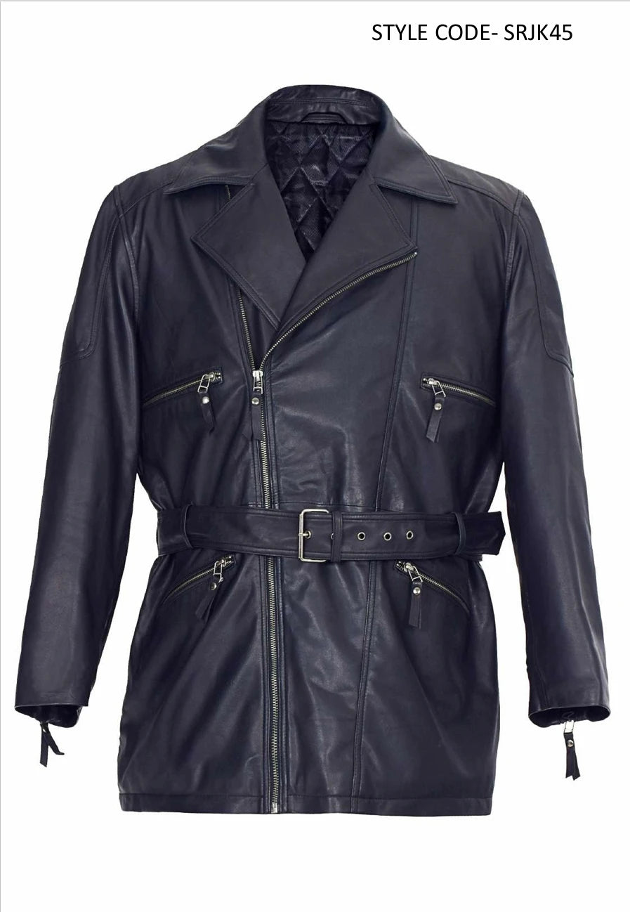 2026 Newly Arrival Men's Full Grain Leather Black Moto Jacket With Belt Zipper Closure Turn-Down Collar Regular Fit Autumn Style