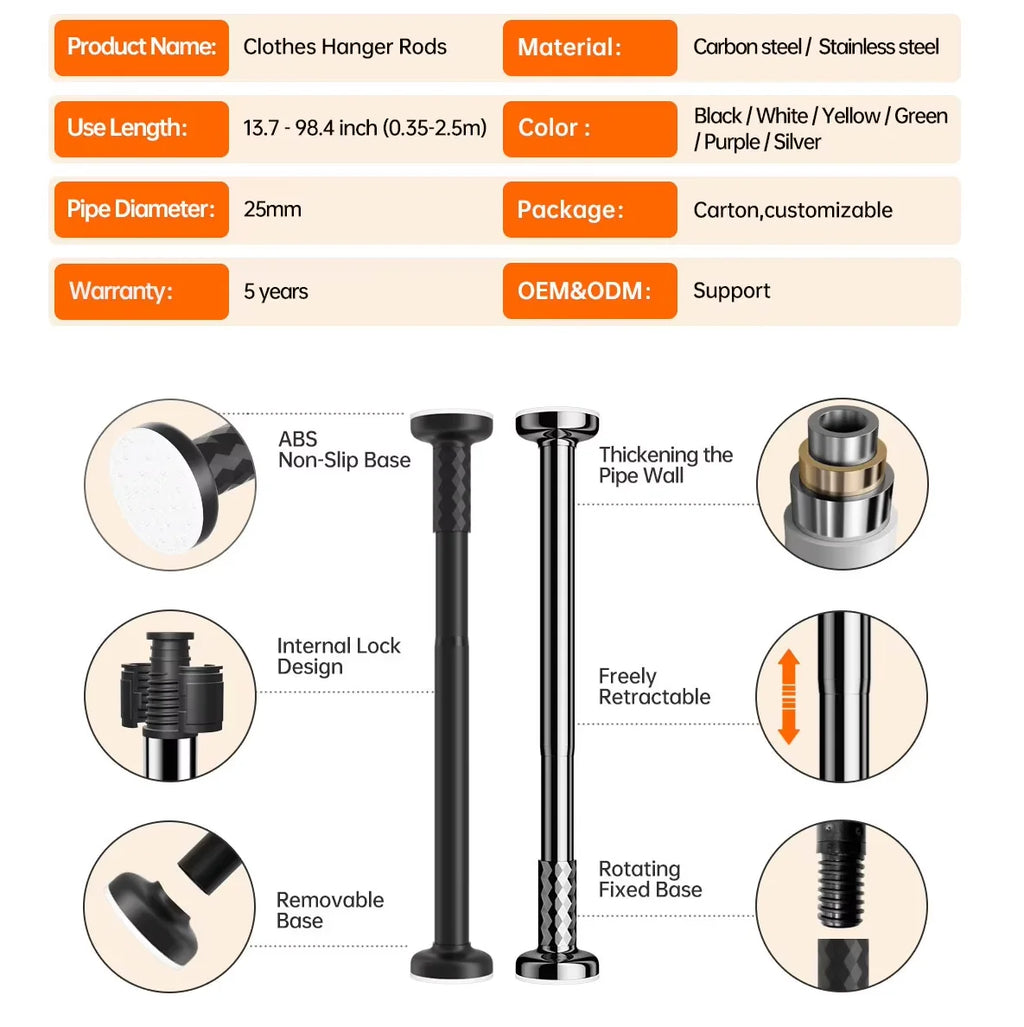 Clothes Shower Curtain Rod Nail-Free Extendable Non-damaging Wall Retractable Suction Cup Telescopic Drying Rack