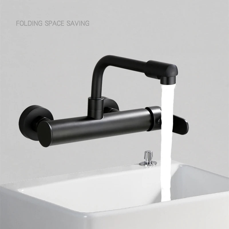Brass Black Kitchen Faucets 360 Rotate Dual Hole Wall Mounted Silver Bathroom Faucet Cold Hot Water Folding Crane Sink Mixer Tap