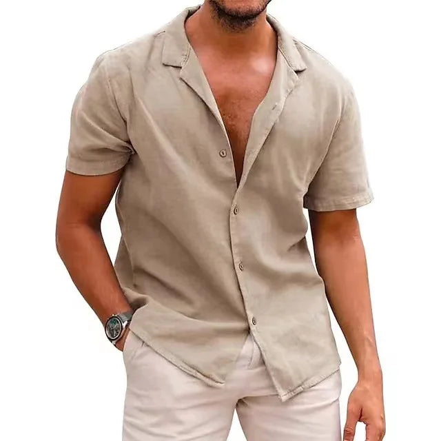Summer New Men's Casual Lapel Solid Color Loose Short Sleeve Shirt Cotton Hemp Shirt