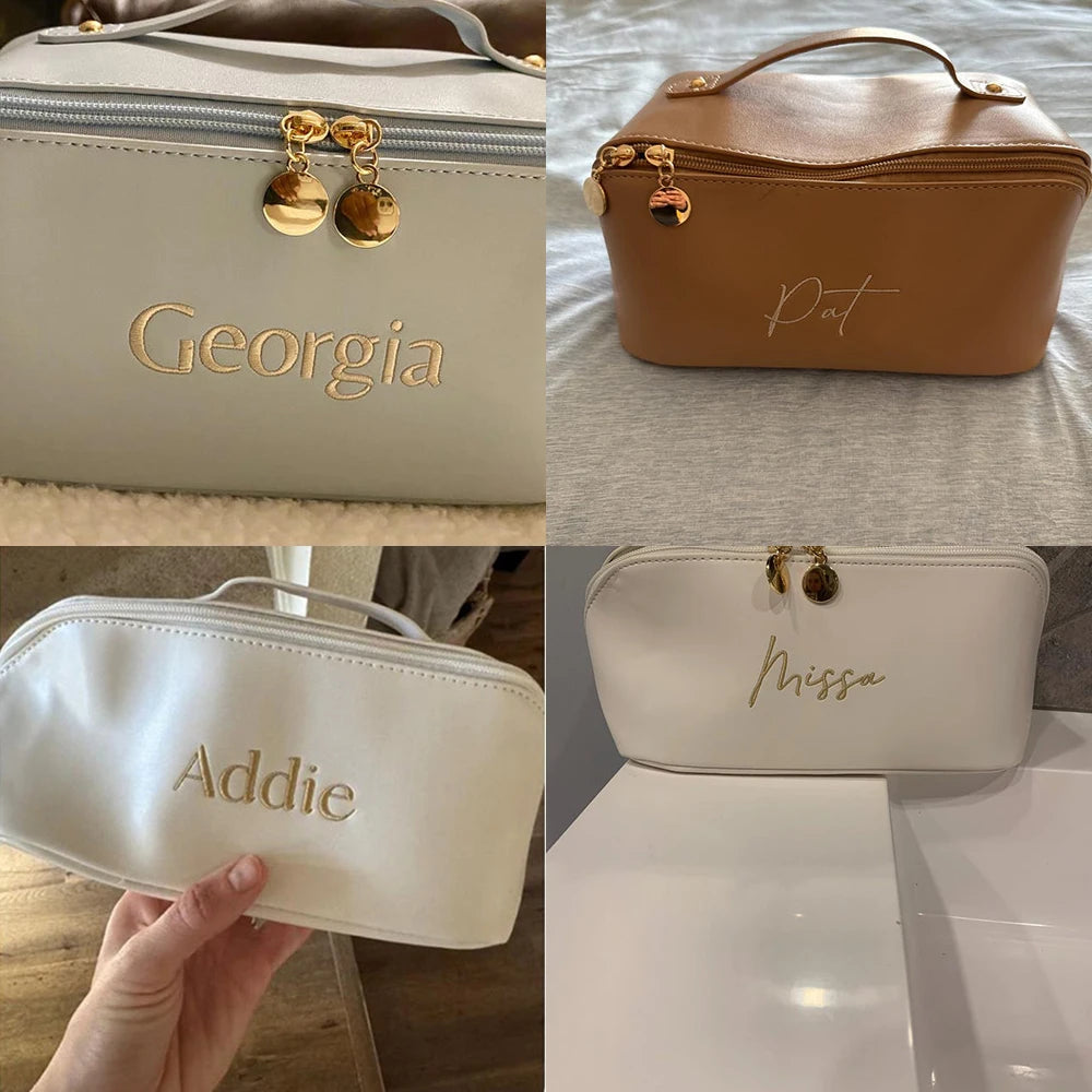 Large Capacity Vegan Leather Water-resistant Cosmetic Bag 3D Embroidery Bridal Shower Gift for Bridesmaids Fashionable Accessory