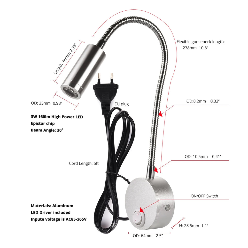 Wall Lamps LED with Switch EU US Plug 3W Modern Reading Bedroom Bedside Lamp Black Silver Flexible