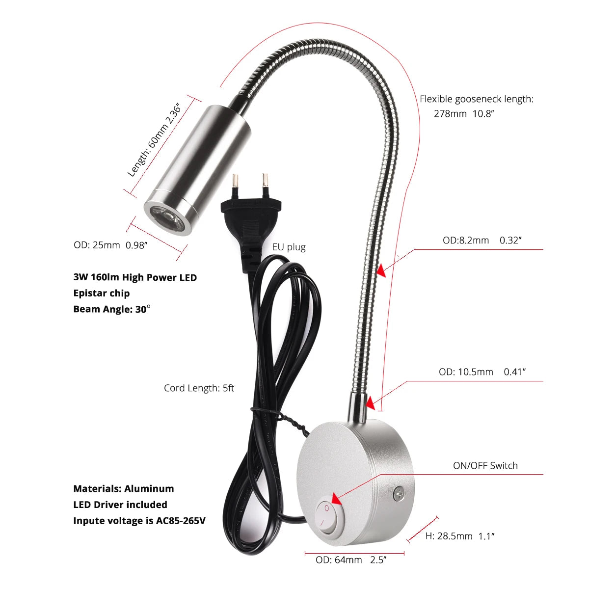Wall Lamps LED with Switch EU US Plug 3W Modern Reading Bedroom Bedside Lamp Black Silver Flexible
