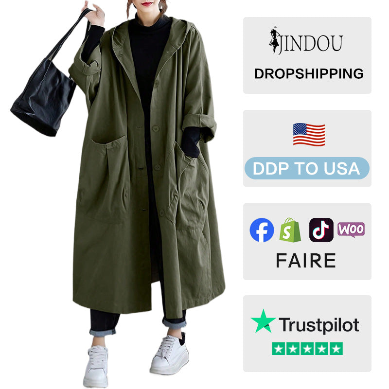 2026 Women's High-quality Spring Elegant Solid-color Loose Single-button Warm and Windproof Coat Hooded Casual Coats