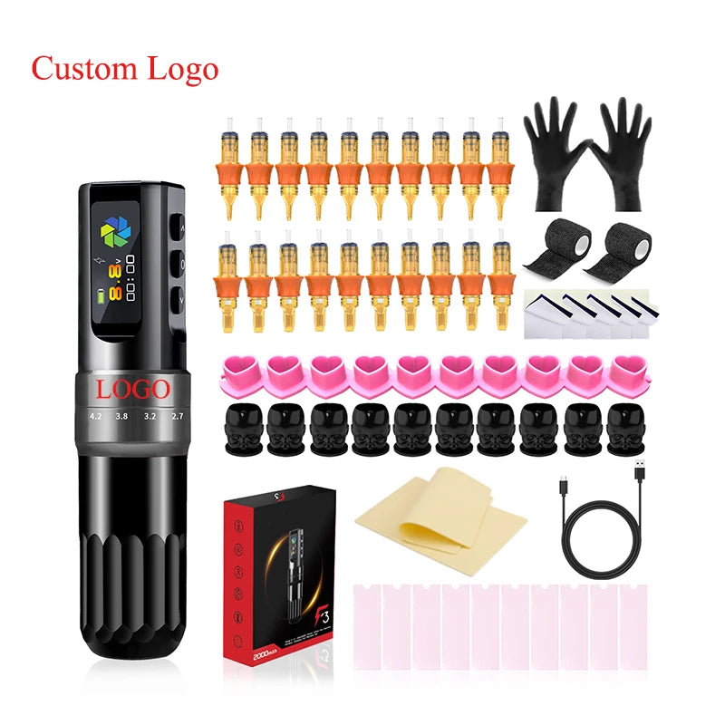 Color Screen Stroke Battery Rotary Tattoo Machine Wireless Tattoo Pen Machine Kit with Cartridge and Practice skin for Body Art
