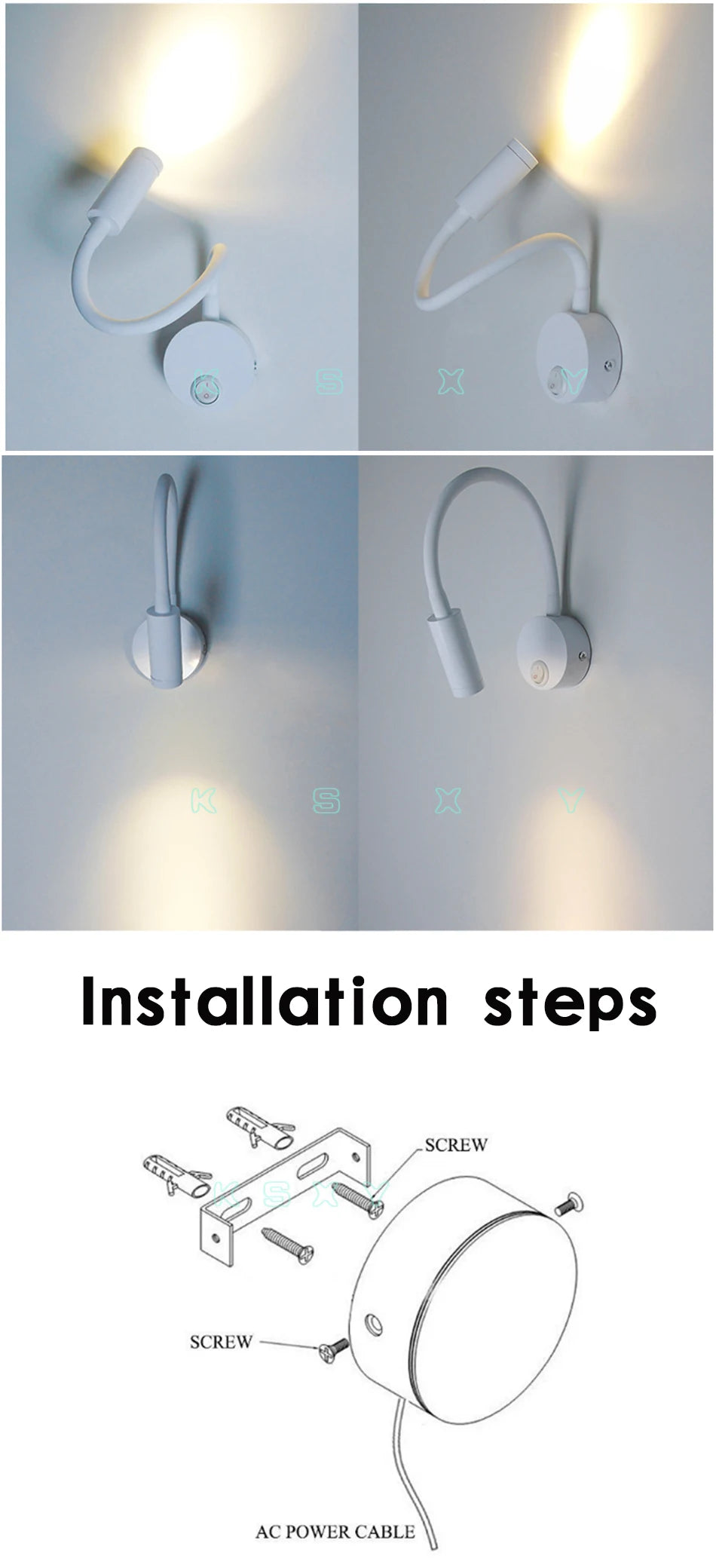 LED Wall Lamp Knob Switch 90-260V 3W Modern Bedroom Bedside Lamp Black White Light Body 360 Degree Angle Adjustable Wall Light