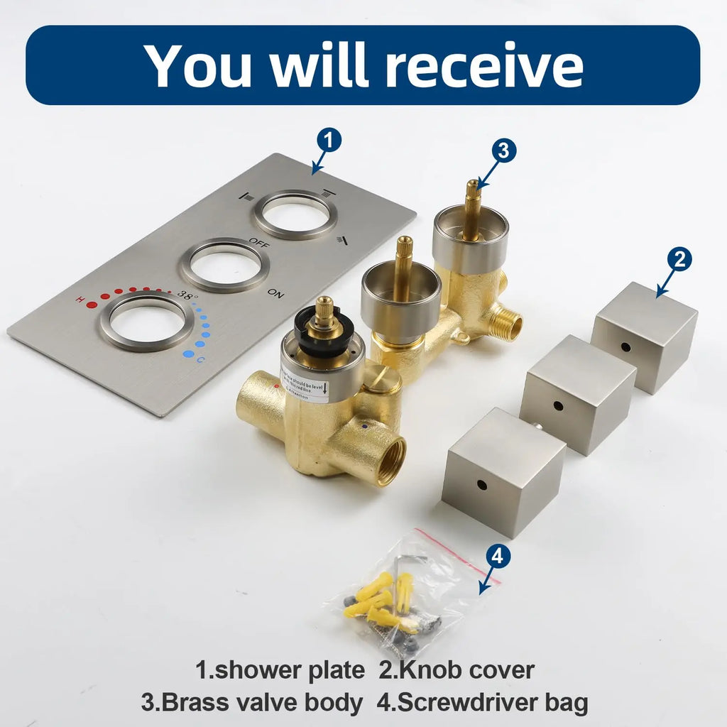 For Brass Bathroom Shower Mixing Valve Triple Handle 3-Way Thermostatic Water Diverter Temperature Control Brushed Rain