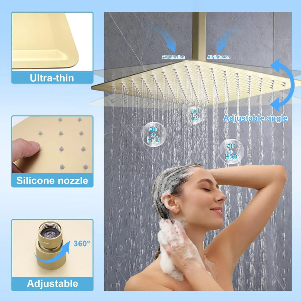 Brushed Gold Concealed Shower Mixer Set 16 Inch Ceiling Mounted Rain Shower System Rainfall Stainless Steel Shower Head