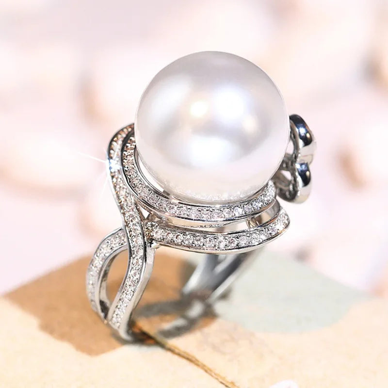 T0568 Women's Cocktail Ring Freshwater Pearl Bowknot Pave Setting Round Brilliant Cut Wedding Fashion Jewelry
