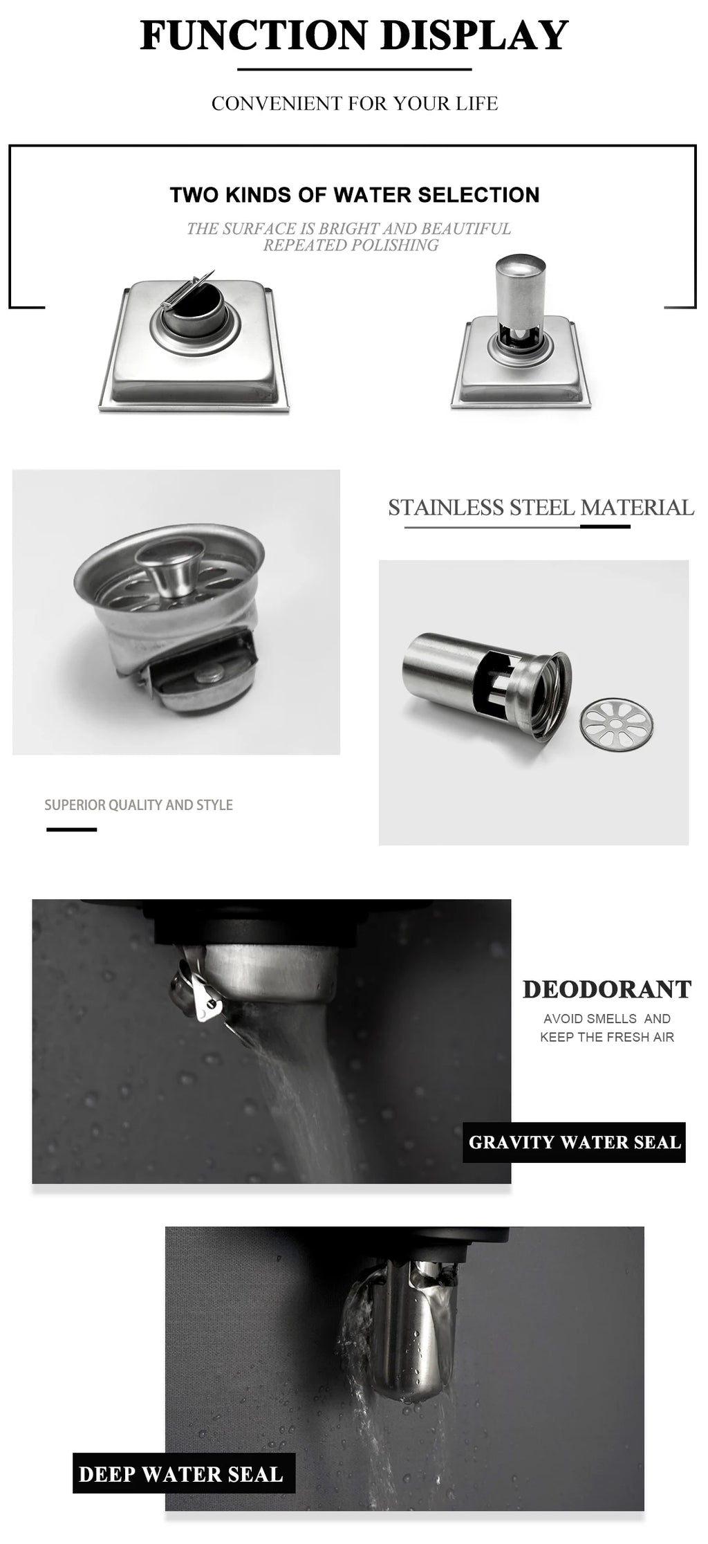Bathroom Balcony Kitchen Stainless Steel Square Floor Drain Shower Drainers Multi-Color Style Invisible Tile Insert Floor Drains