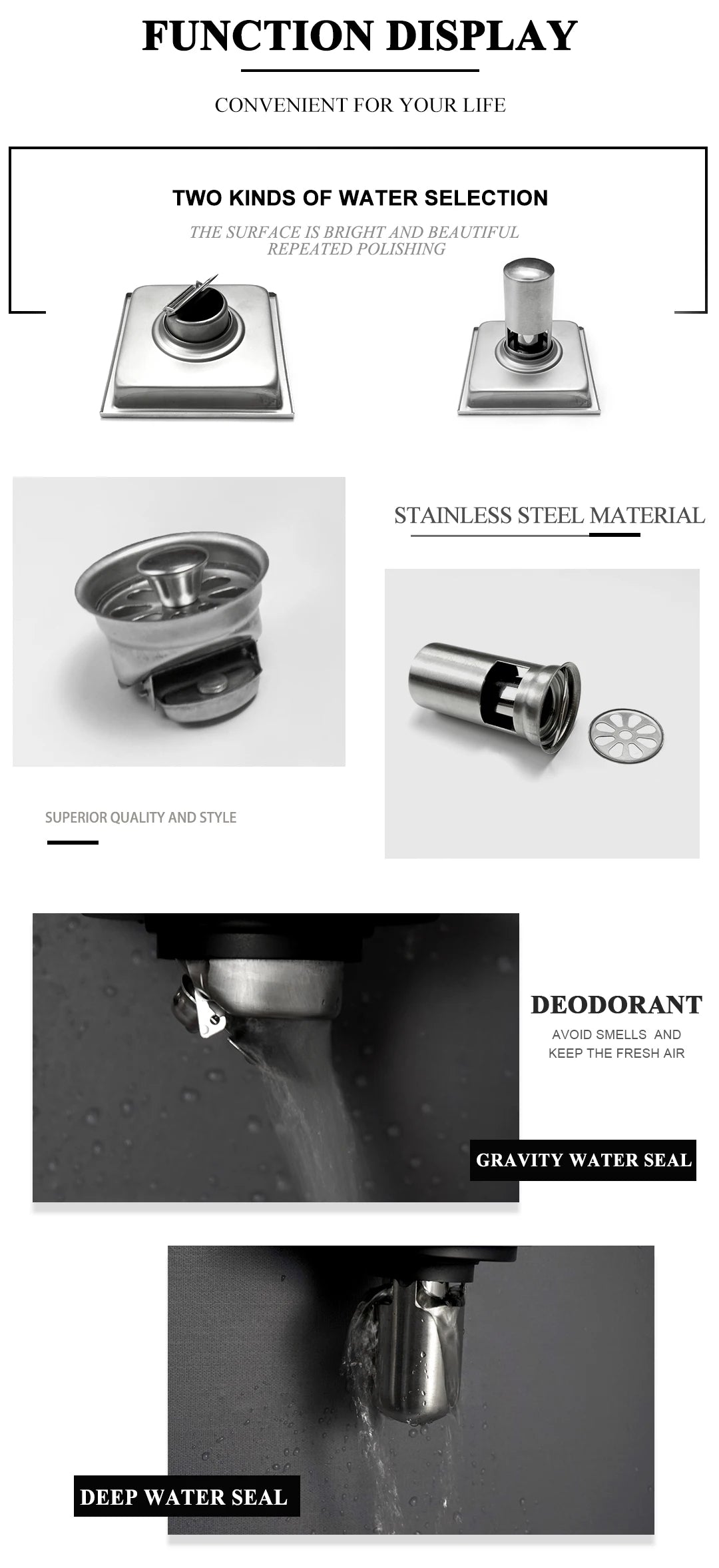 Bathroom Balcony Kitchen Stainless Steel Square Floor Drain Shower Drainers Multi-Color Style Invisible Tile Insert Floor Drains