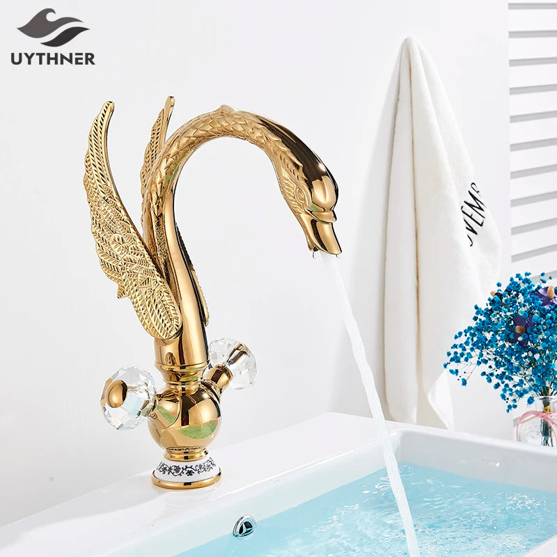 Luxury Gold Swan Basin Faucet Deck Mounted Bathroom Faucet Hot and Cold Water Mixer Tap Bath Water Faucet Basin Sink Taps