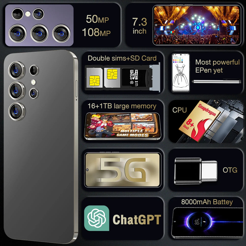 Cellphone SmartPhone S25 Ultra 16GB+512GB Smartphone 7inch Unlocked Dual Card 5G Phones Android 14 Mobile Phones