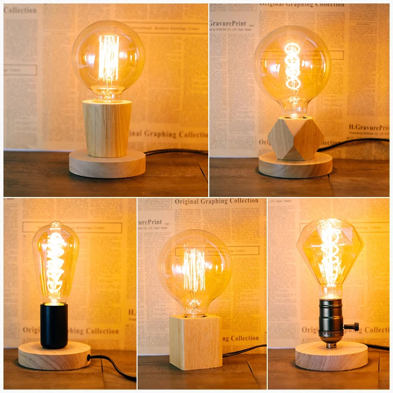 Modern Wood Table Lamps E27 Retro Desk Decora Light Indoor Art Lamp Living Room Bedroom Bedside Decoration Light Base EU Plug