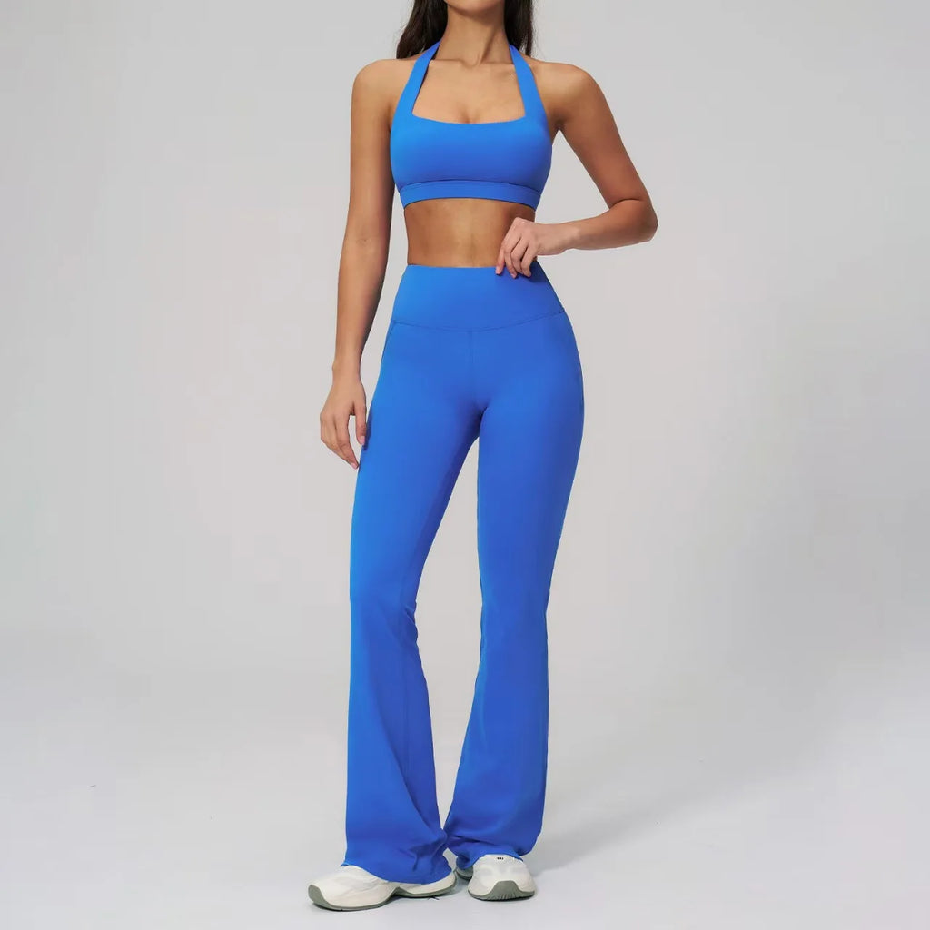 Hot Selling New Luxury 2-piece Set Soft Halter Neck Yoga Set, High Waist Bootcut Flare Pants with Padded Sports Bra for Women