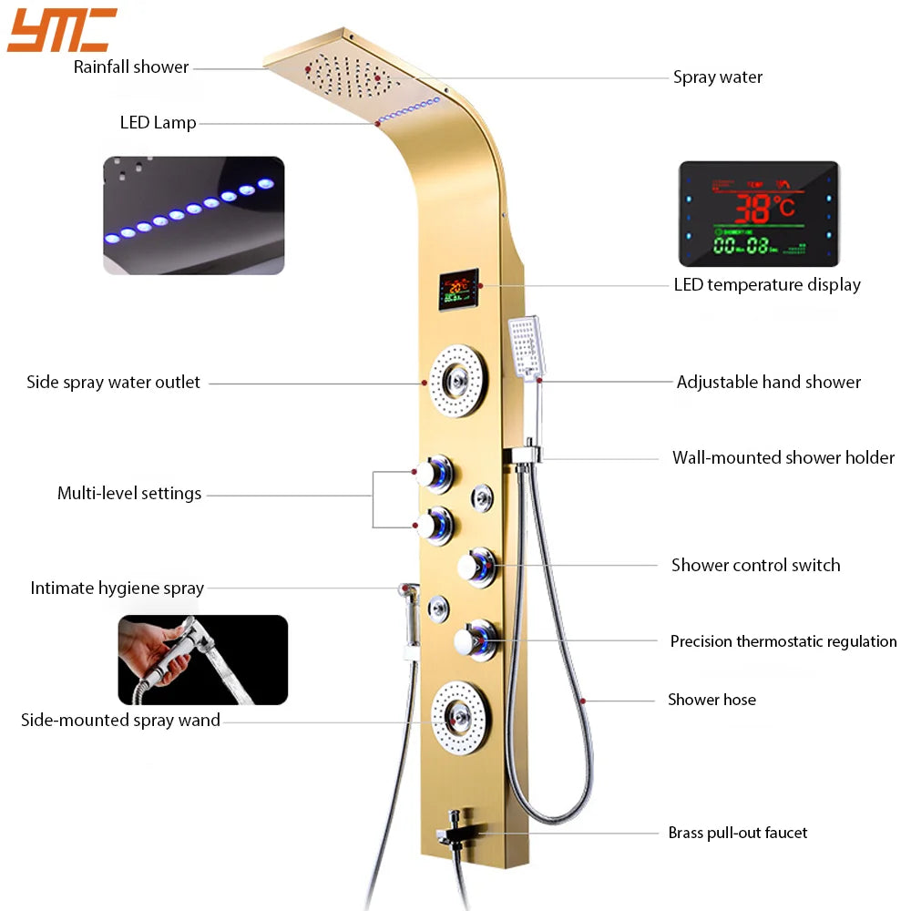 YMC Luxury Black Stainless Steel Wall Mounted Rainfall Shower Panels Thermostatic LED Rain Shower Head Hot Sale for Salons