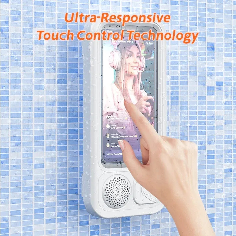 Waterproof BT  Speaker Mobile Phone Case Holder Anti-Fog Touch Screen 360 Rotation for Shower Bathroom  Kitchen Swim Universal