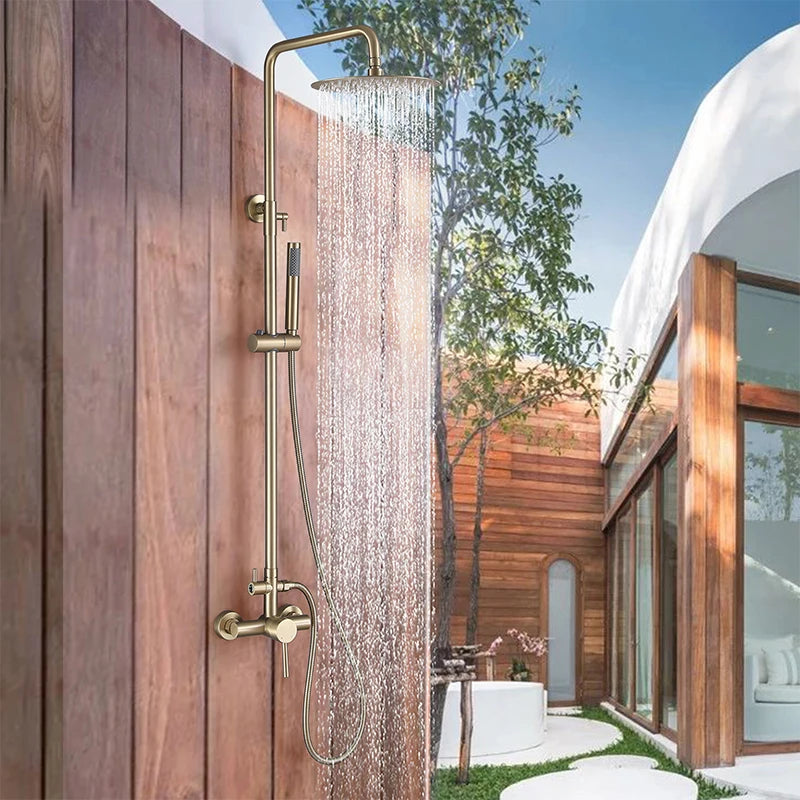 Wall Mounted Outdoor Shower Set Mixer System Brushed Gold Brass Dual Handle 10 Inches Rainfall Shower for Pool
