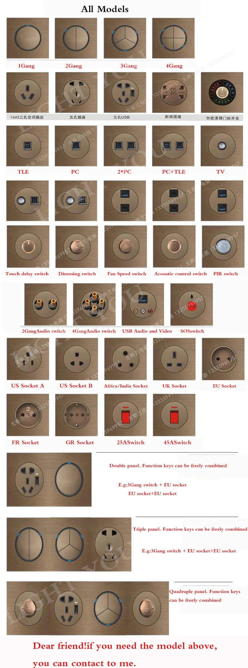 1 2 3 4 Gang 1 Way 2 Way Household Wall Switch Socket Aluminum Brushed Brown Panel LED Indicator Switch 86*86mm