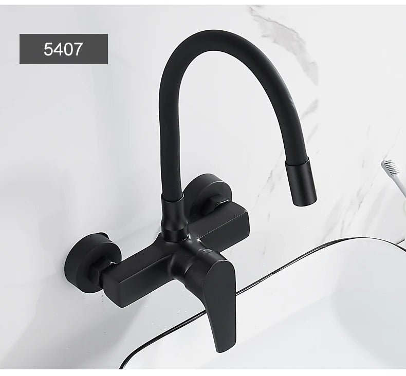 ELLEN Wall Mount Kitchen Sink Faucet Hot Cold Sink Water Mixer Tap 2 Holes Black Faucets 360 Degree Swivel ELK5400