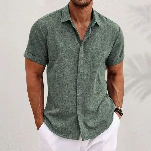 Men's Lapel Cotton Hemp Cardigan Short Sleeve High Quality Solid Color Shirt Summer Home Short Sleeve Sehe Fashion