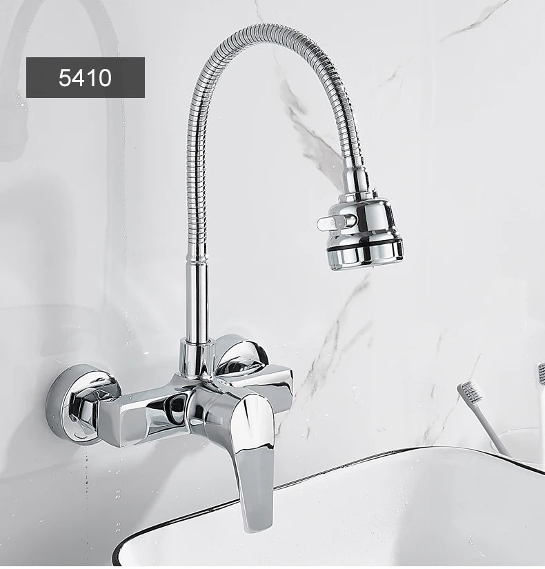 ELLEN Wall Mount Kitchen Sink Faucet Hot Cold Sink Water Mixer Tap 2 Holes Black Faucets 360 Degree Swivel ELK5400
