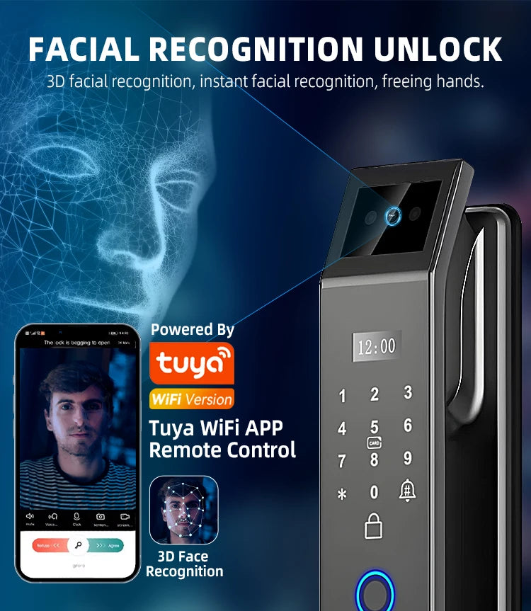 Home Electronic Keyless Digital Biometric Fingerprint Security Door Lock Smart Tuya 3D Face Recognition Smart Door