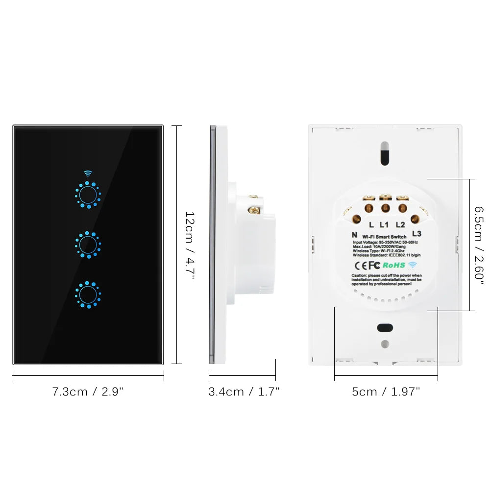 US Standard 1/2/3 Gang WiFi Smart LED Light Touch Switch Wall Panel Smart Home Switch Voice Control eWeLink Alexa