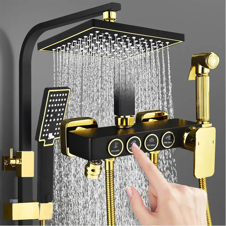HUBEN Black Gold Button Stainless Steel Ceramic Thermostatic Metered Faucets Single Handle Rainfall Chrome Pressurized Shower