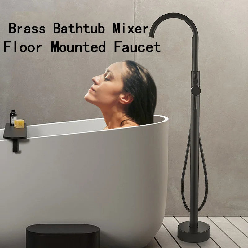 Matte Black Brass Ceramic Floor Mounted Free Standing Shower System Bathtub Mixer Tap Faucet Set Slide Bar 1 Handle Soft Spray