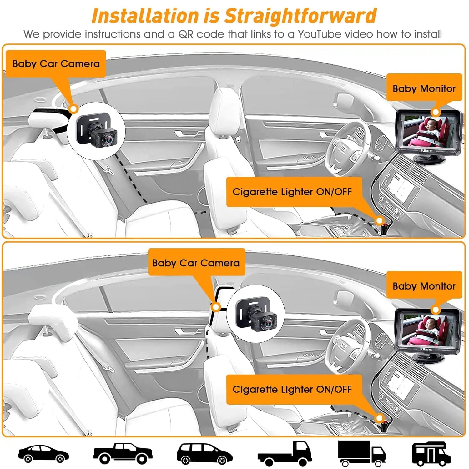 Baby Car Camera for Safety HD 1080P - Rear-facing, Night Vision, Adjustable Viewing Angle, Anti-Glare Display