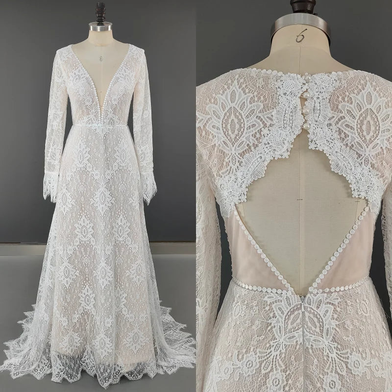 8756 # Real Photos Custom Sweep Train Appliques Lace V-neck Wedding Dress Bridal Gown Engagement Party Evening Dresses